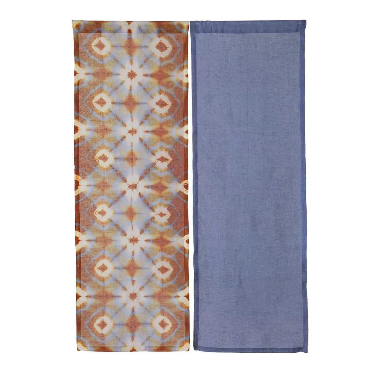 close-up of Motif Linen Noren — Blue Bloom showing the natural resist-dye motif on linen