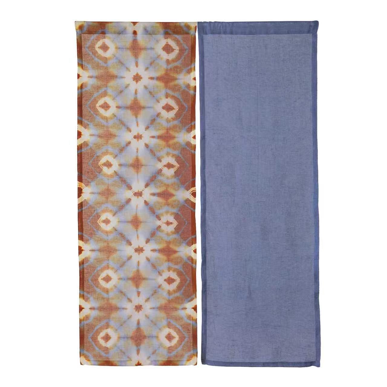 close-up of Motif Linen Noren — Blue Bloom showing the natural resist-dye motif on linen