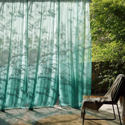 Sheer linen curtain 'Emerald Blue' — plant-dyed translucent, light-filtering window curtain.