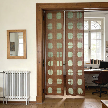 Plant-dyed linen noren 'Amber Grid' — handmade Japanese doorway curtain with botanical motif.