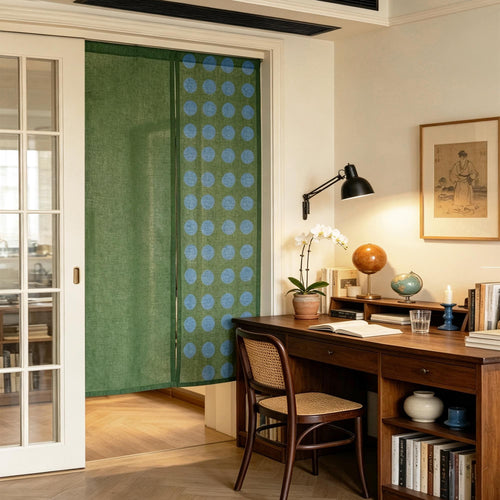 Hand Dyed Linen Noren Curtain — Green / Dots