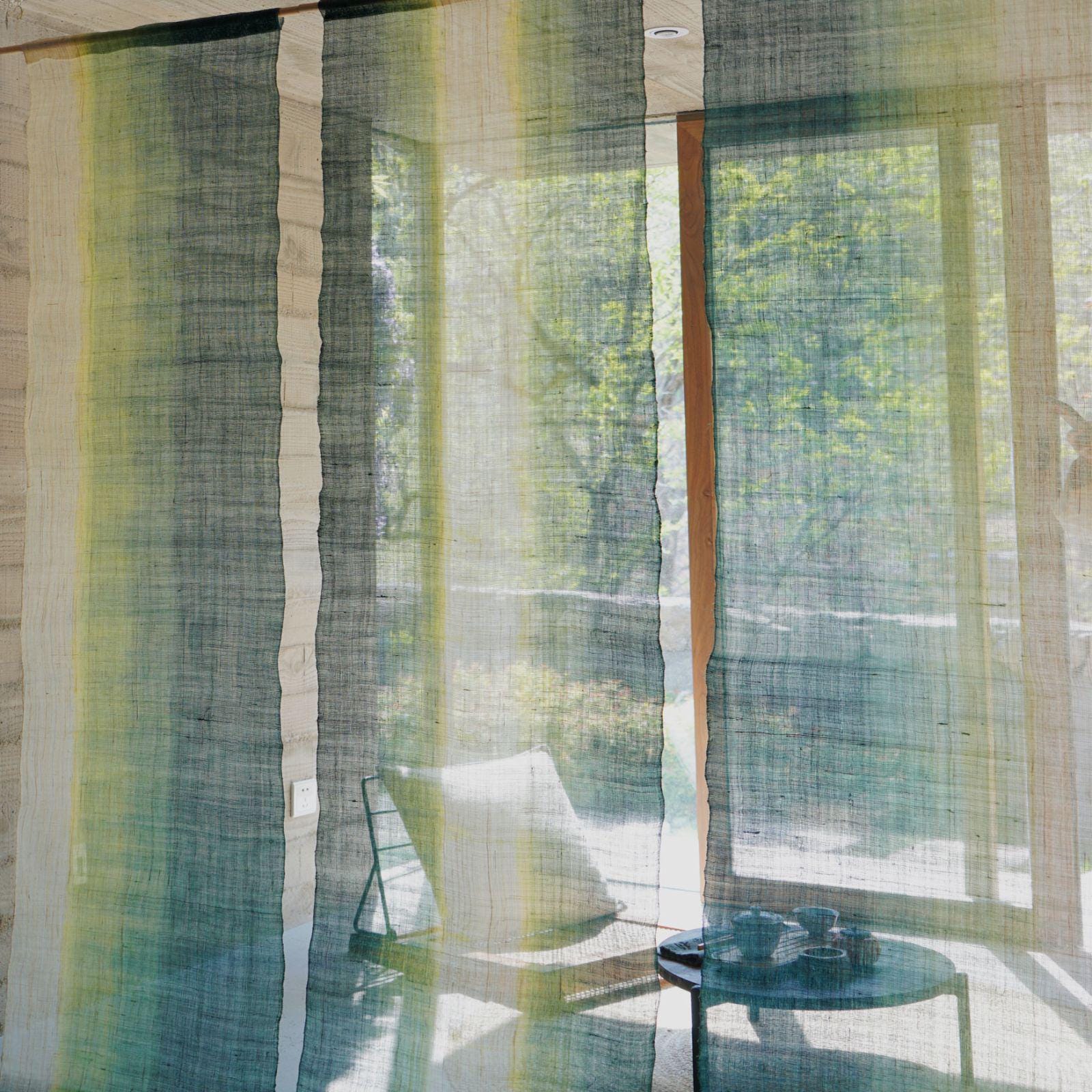 Ramie ombre textile 'Aqua Fade' — hand-dyed gradient plant-dyed ramie panel.