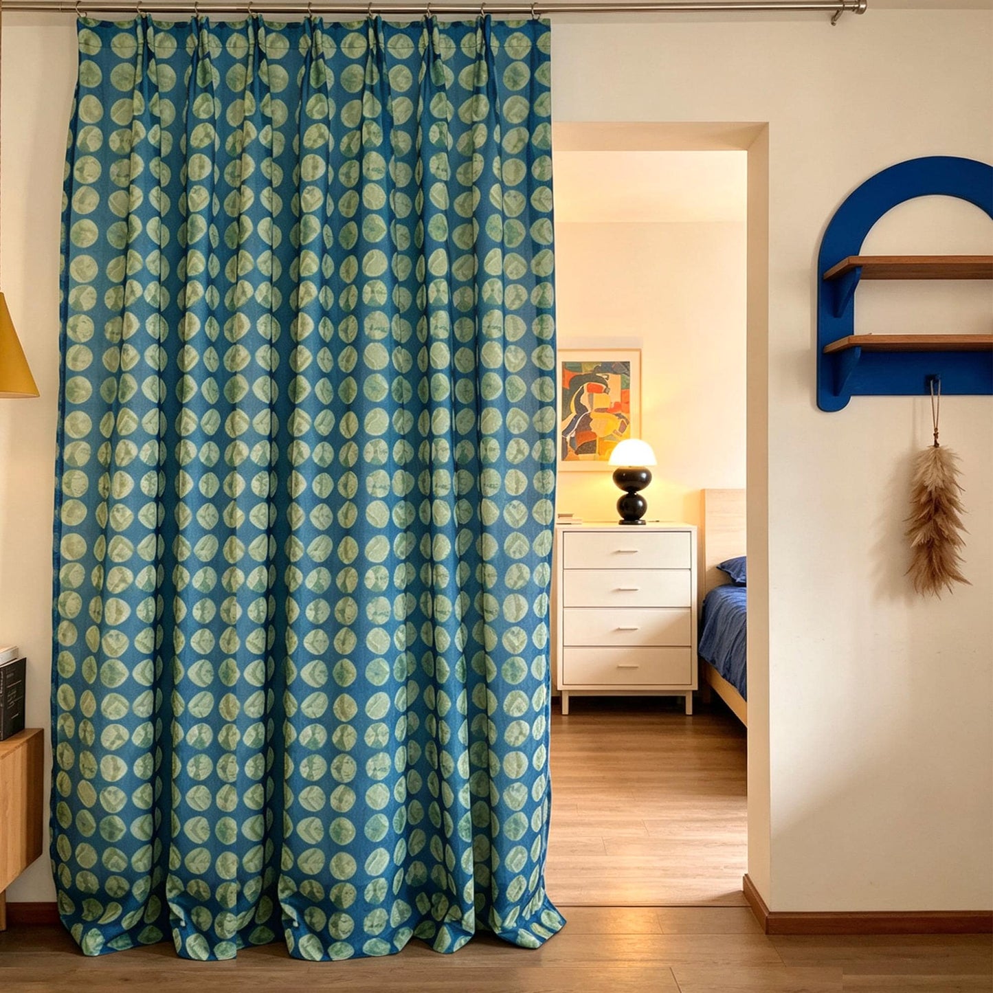 Linen drapes 'Green Ochre' — handmade plant-dyed semi-sheer botanical window curtain.