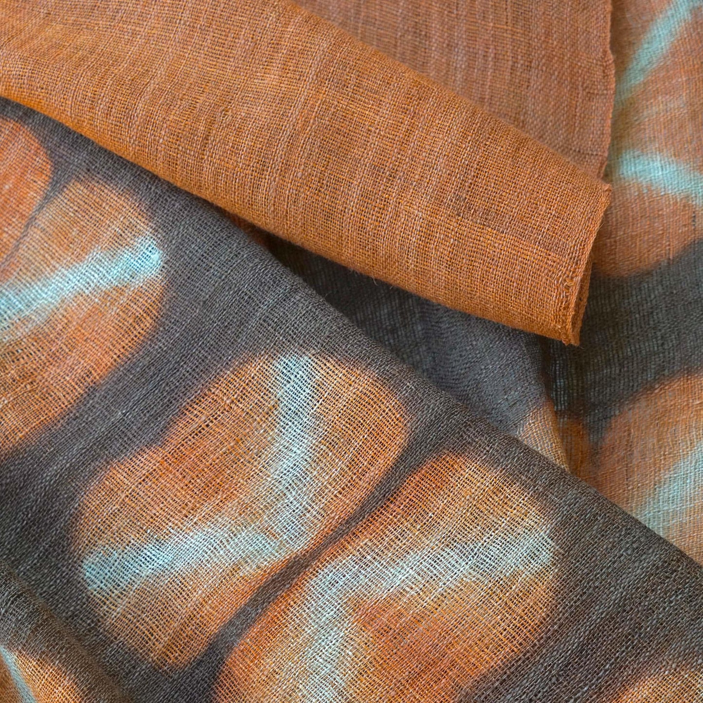 detail view of Ramie Cloth — Earth Grid showing natural ramie weave and resist-dye pattern