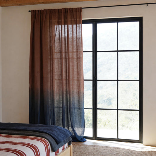 Linen curtain panel 'Crimson Blue' — handmade plant-dyed linen for doorway or room divider.