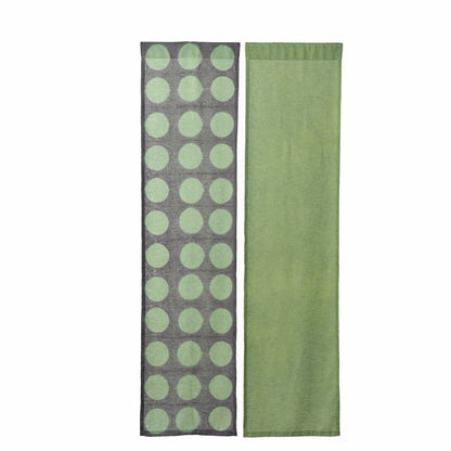 Hand dyed linen noren curtain in purple and green, lifestyle view in a home interior