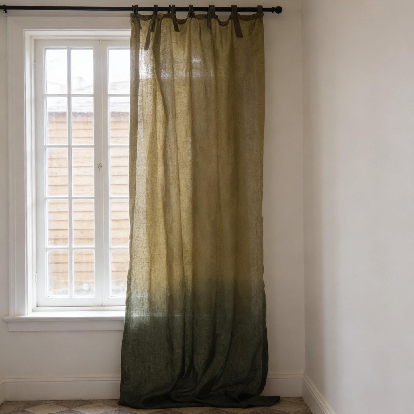 room scene with Linen Panel — Deep Teal used as sheer curtains in a living space