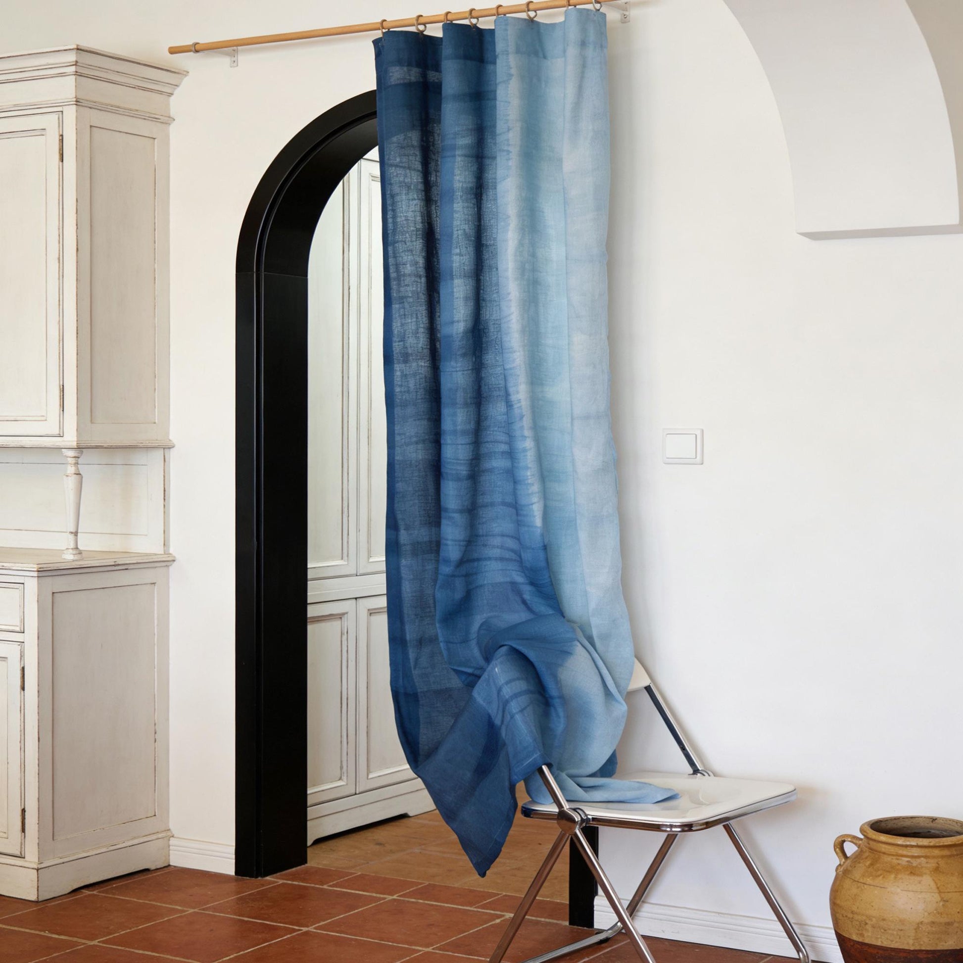 detail view of Linen Panel — Soft Blue showing plant-dyed fabric texture and pattern