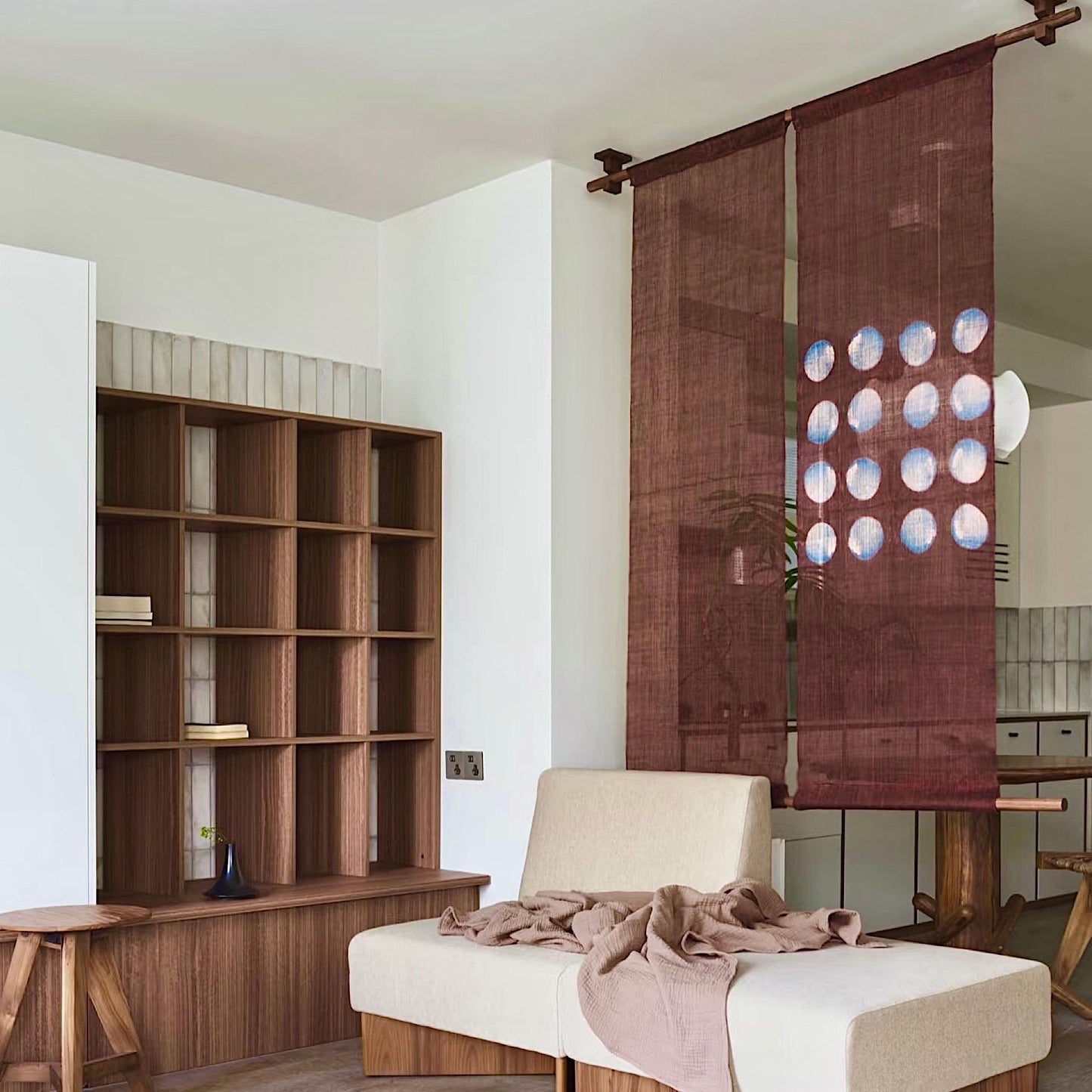 Ramie Cloth — Red Dots displayed as a room divider or wall hanging