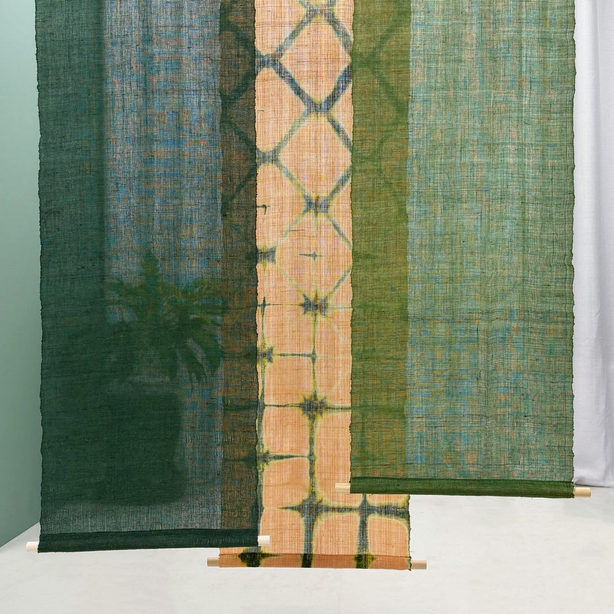 multiple panels of coordinating plant-dyed textiles including Ramie Cloth — Teal Beige