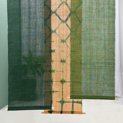 multiple panels of coordinating plant-dyed textiles including Ramie Cloth — Teal Beige