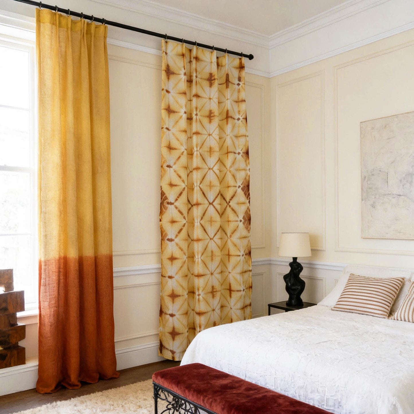 room scene with Linen Panel — Oat Dots used as sheer curtains in a living space