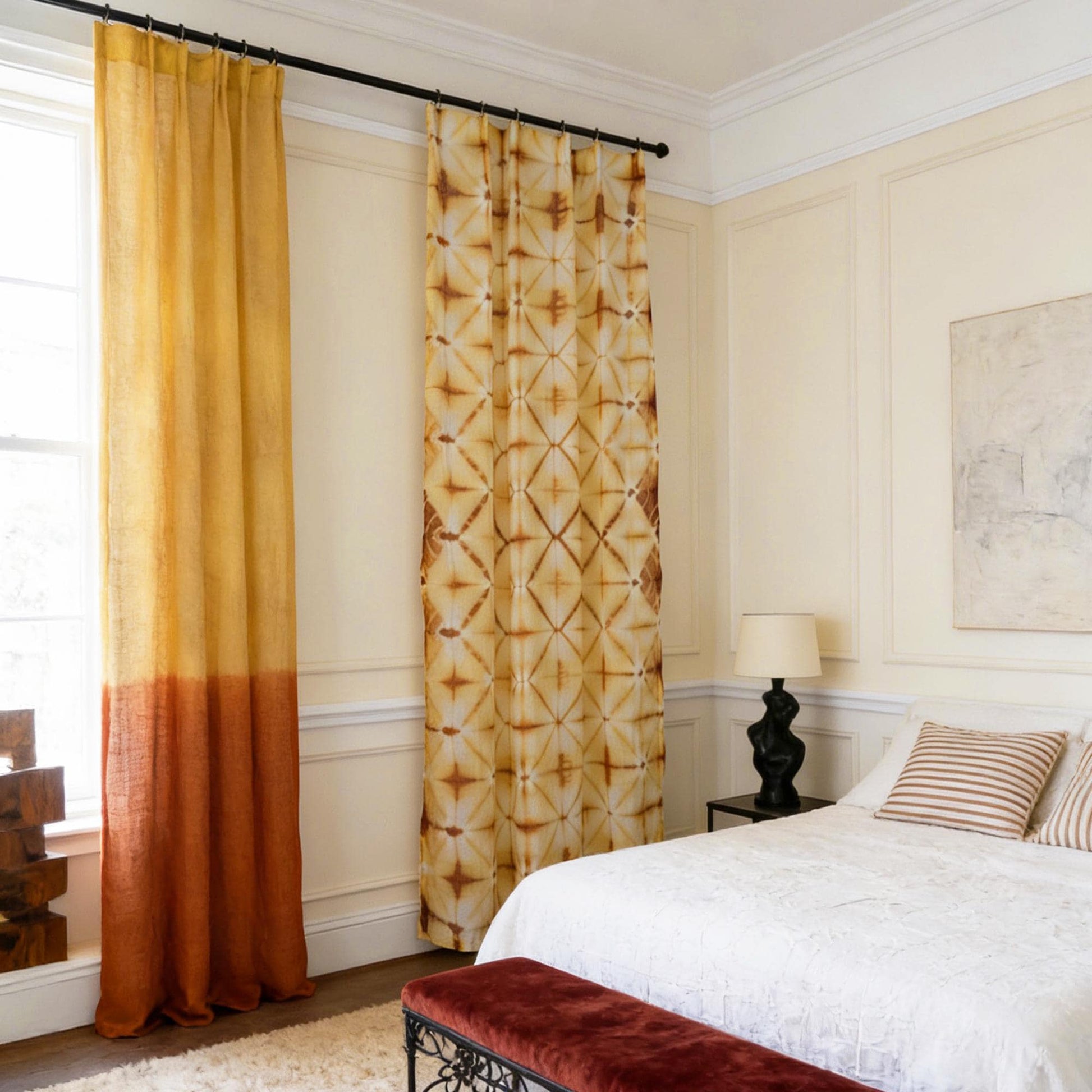 room scene with Linen Panel — Oat Dots used as sheer curtains in a living space