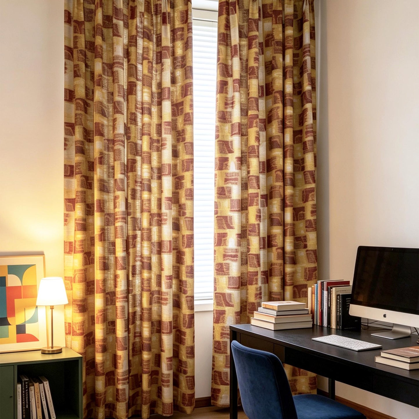 Pattern Drapery — Golden Ochre dressing tall windows in a styled living room