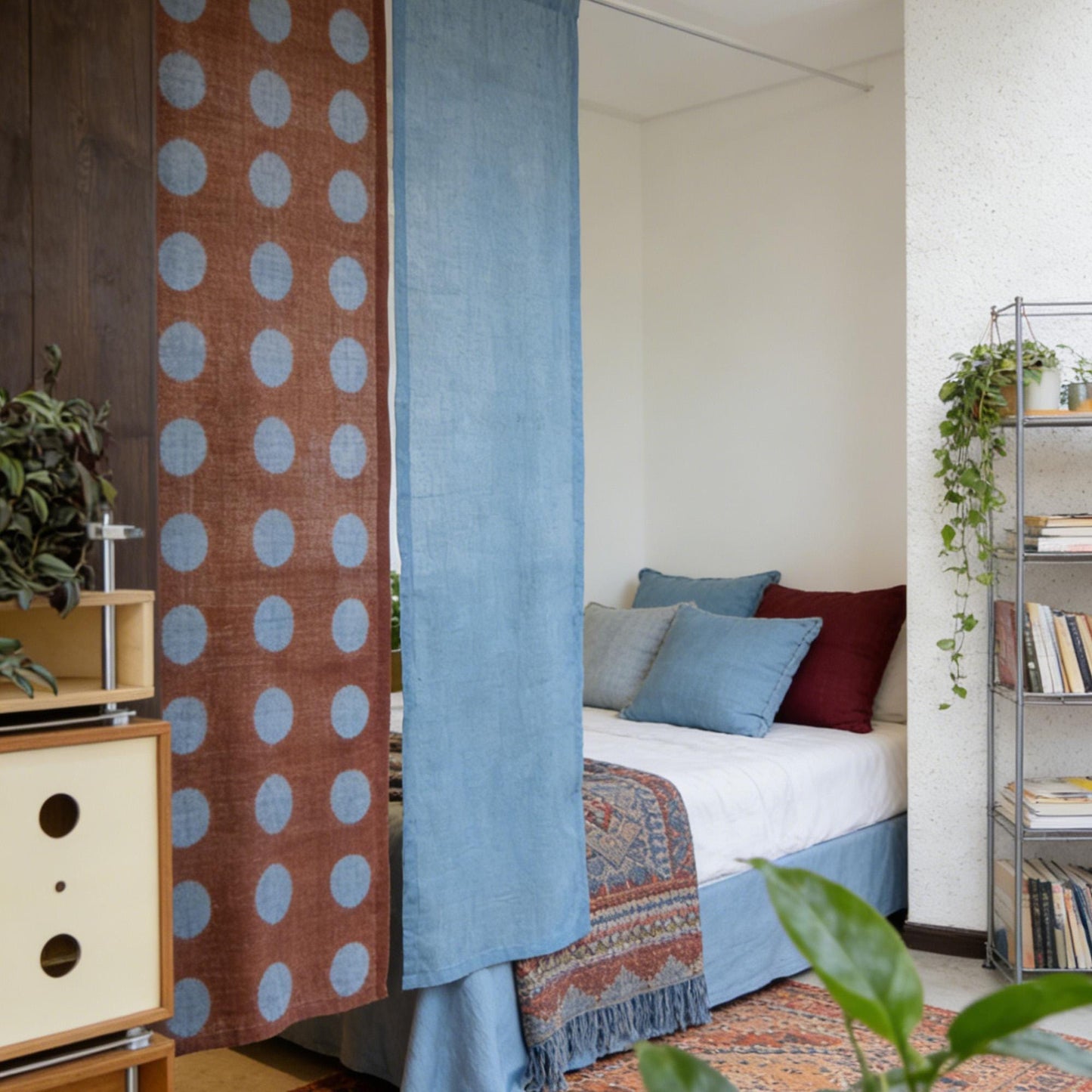 detail view of Polka Dot Linen Noren — Rust / Blue showing plant-dyed linen texture and pattern