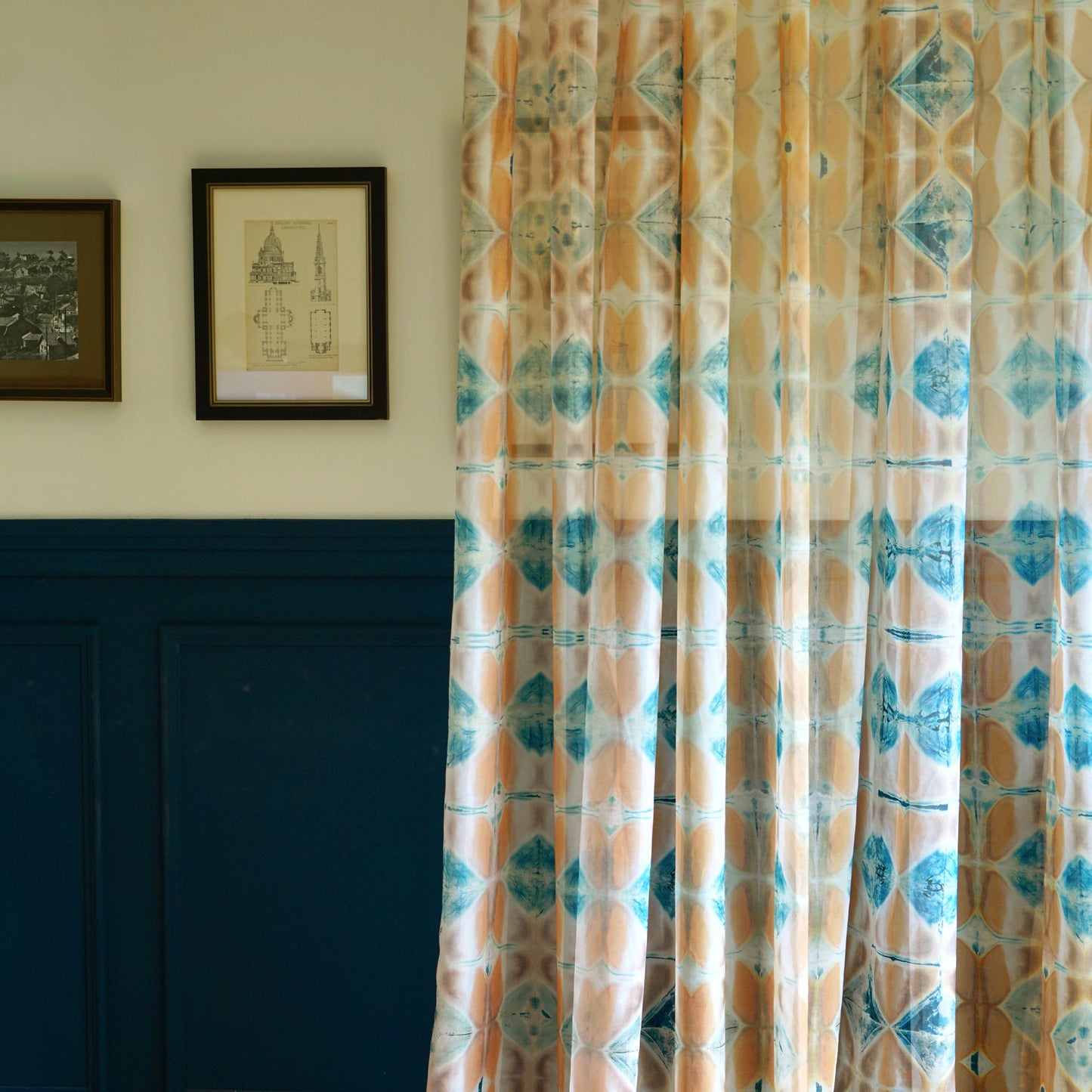 Pattern Drapery — Soft Beige shown in a bedroom interior with soft natural light