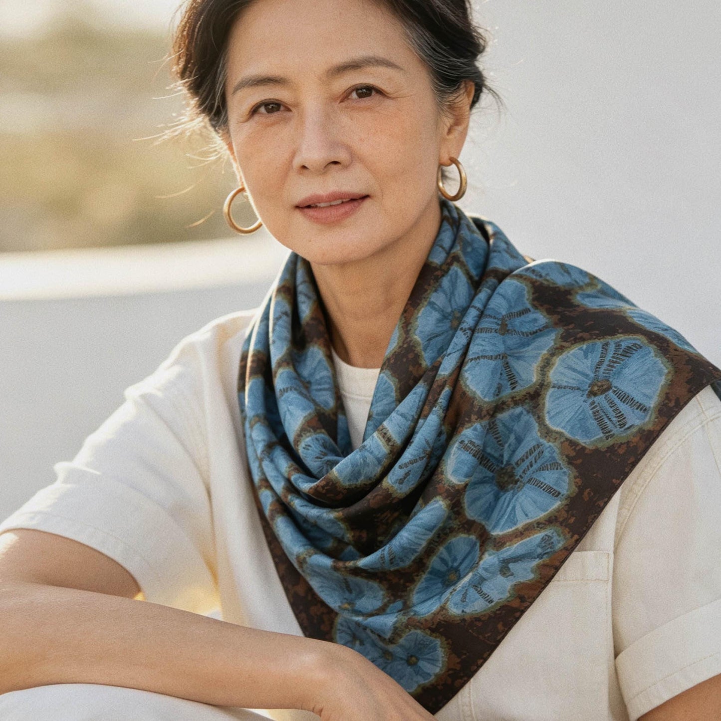 Scarf — Aqua Bloom styled and worn, showing the natural plant-dyed pattern