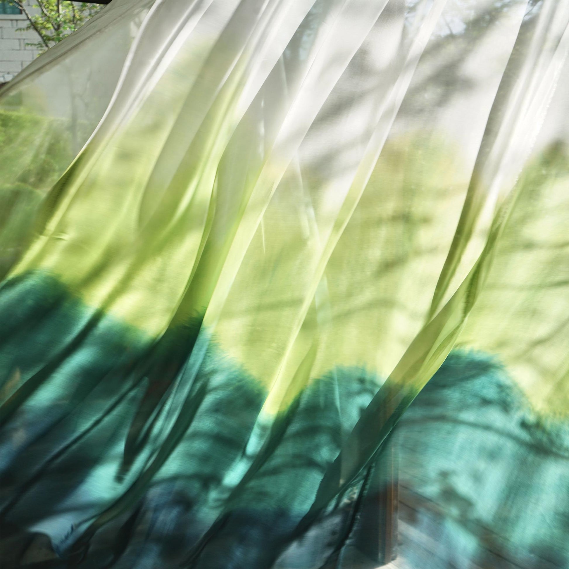 detail view of Sheer Curtain — White Green showing natural ramie texture and color