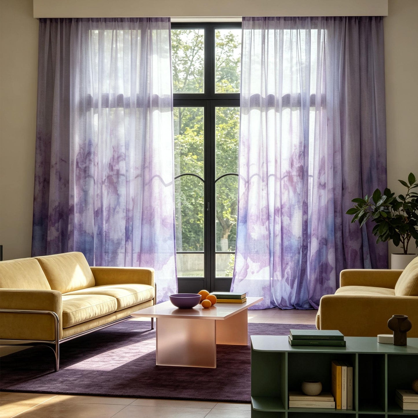 Pattern Drapery — Purple Haze dressing tall windows in a styled living room