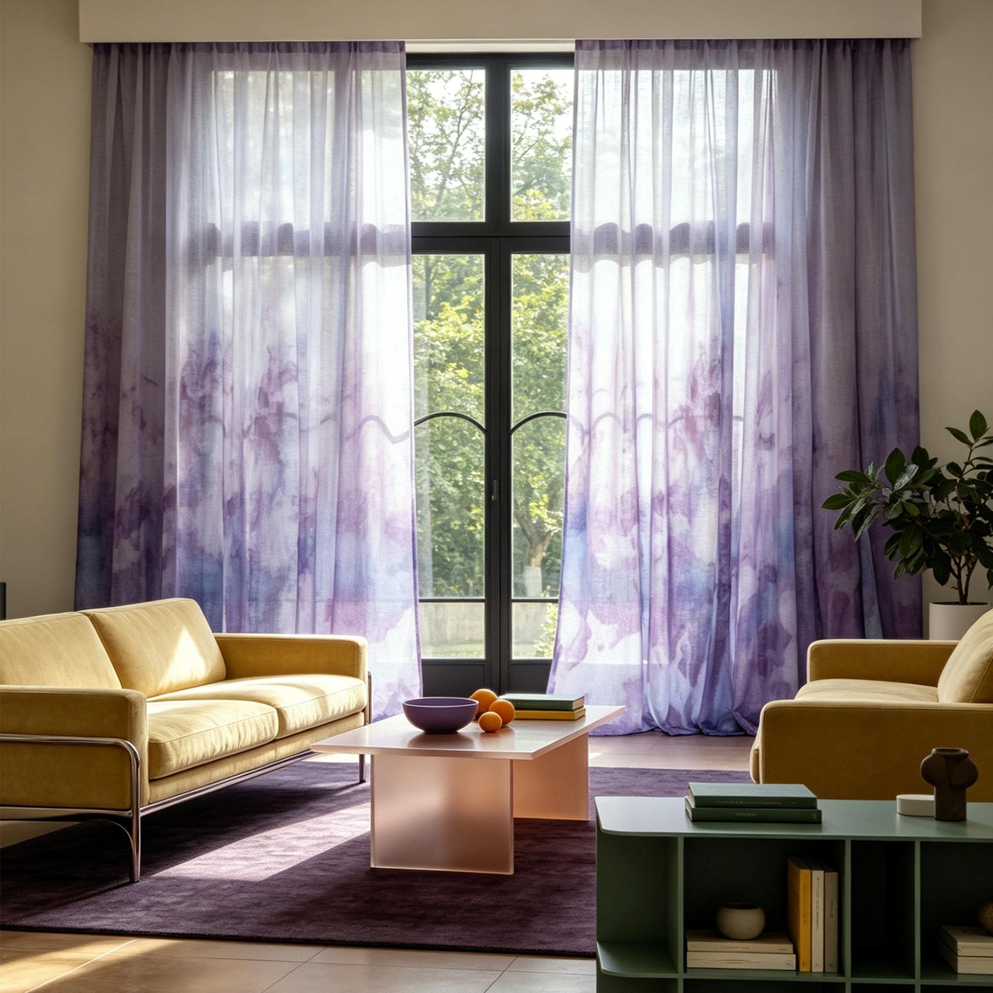 Pattern Drapery — Purple Haze dressing tall windows in a styled living room