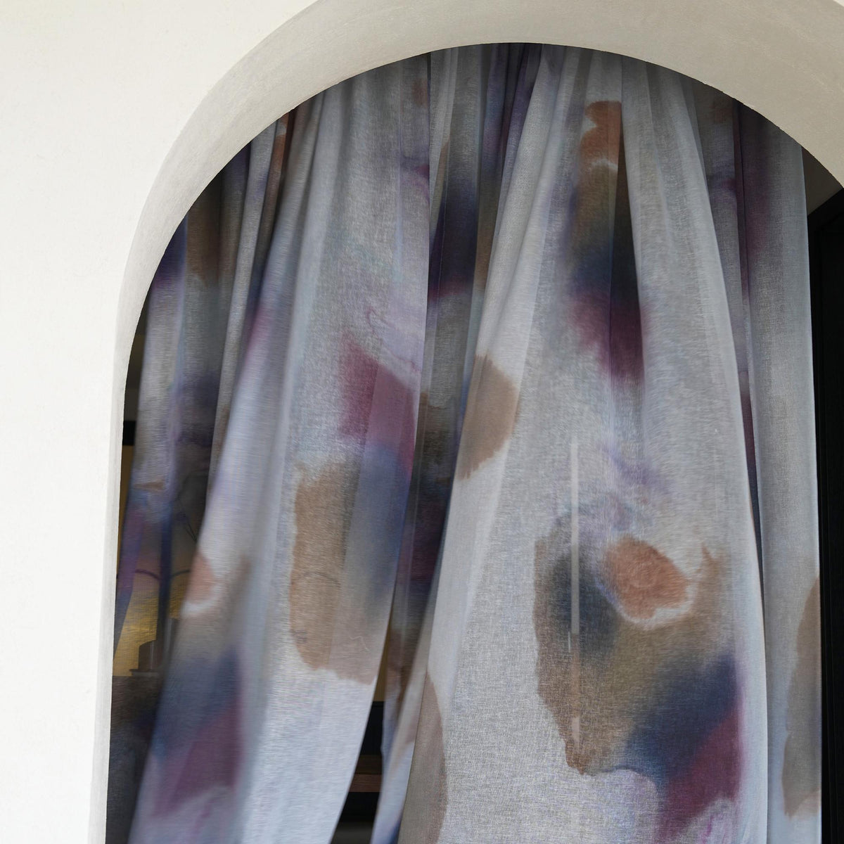 detail view of Pattern Drapery — Mist Grey showing plant-dyed pattern and sheer drape