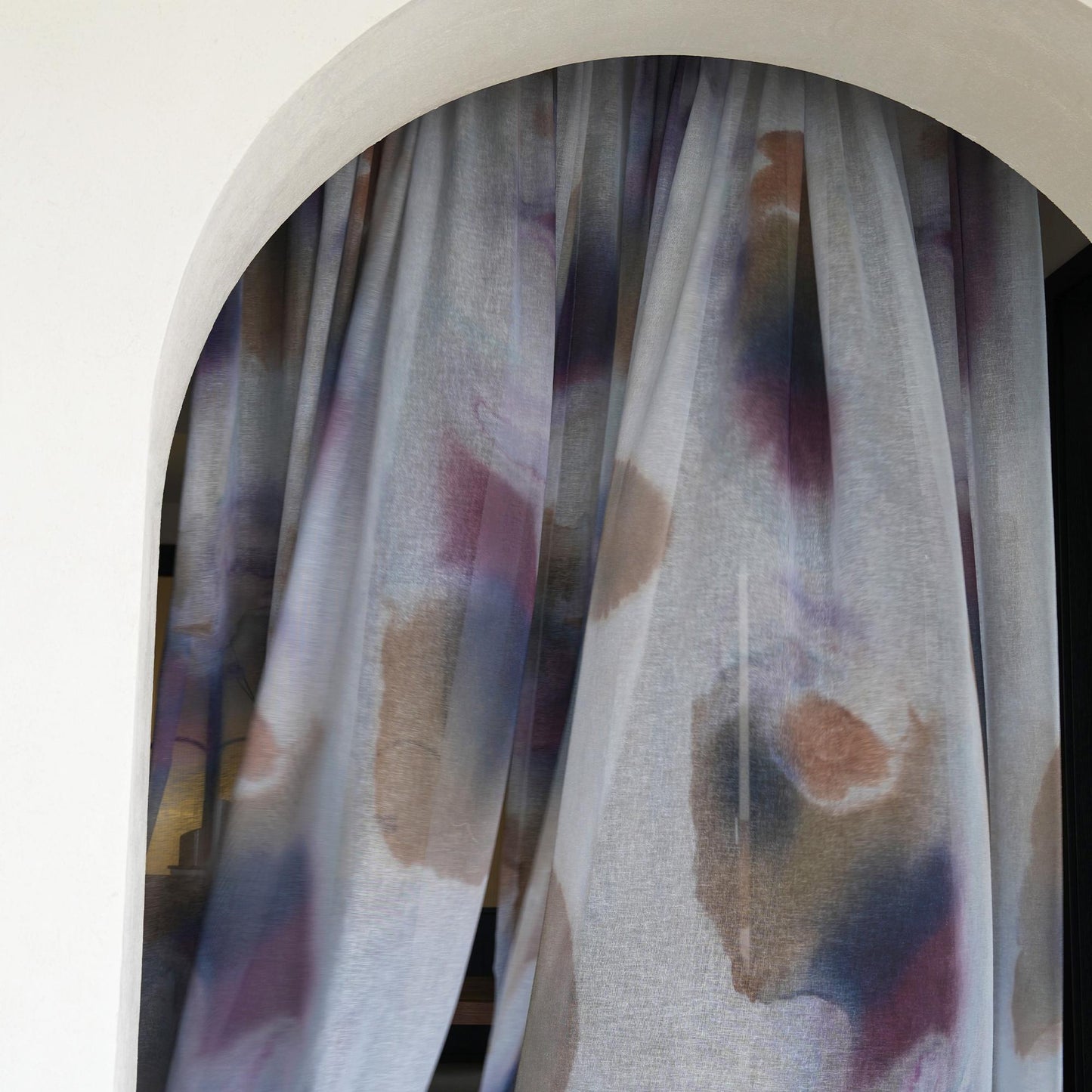 detail view of Pattern Drapery — Mist Grey showing plant-dyed pattern and sheer drape
