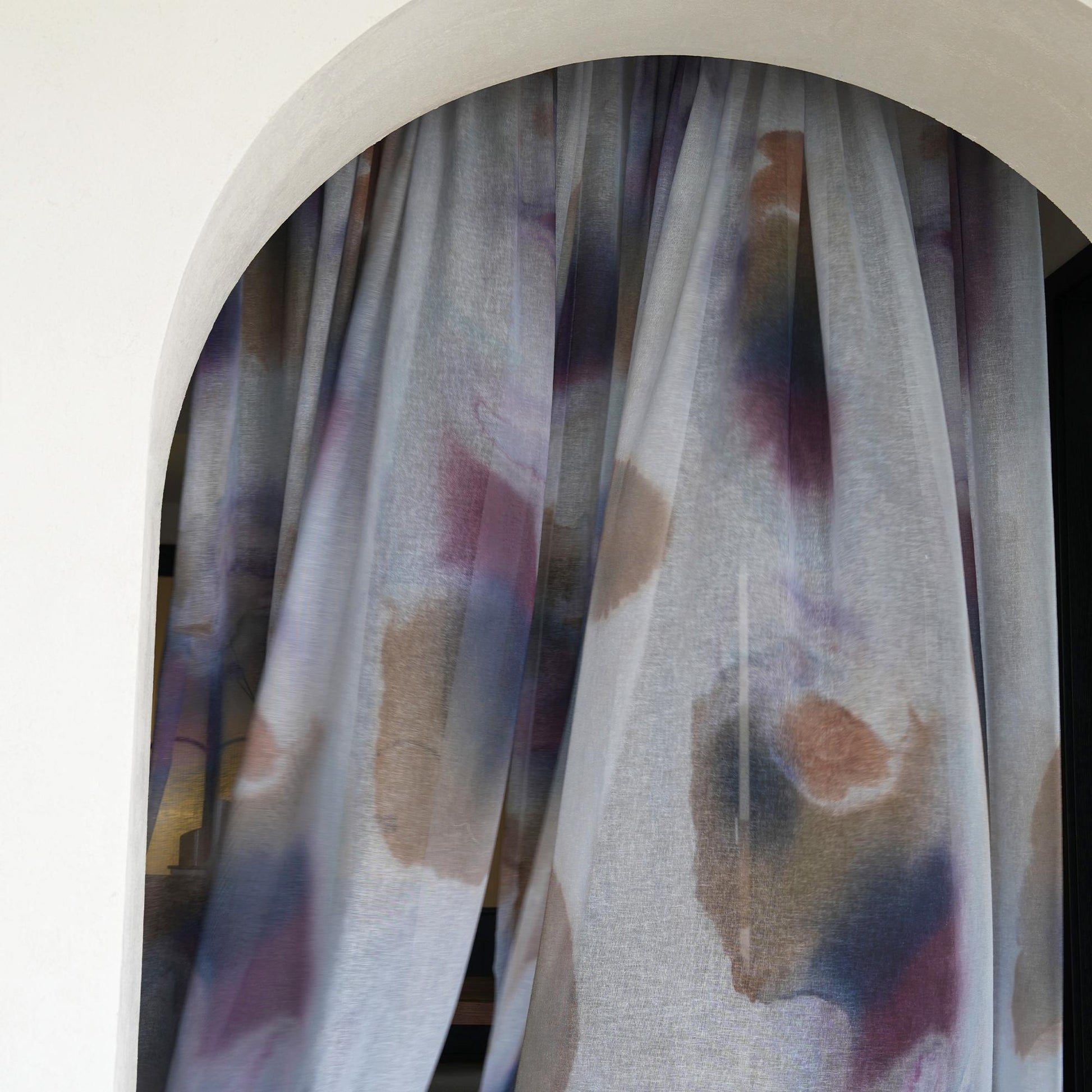 detail view of Pattern Drapery — Mist Grey showing plant-dyed pattern and sheer drape