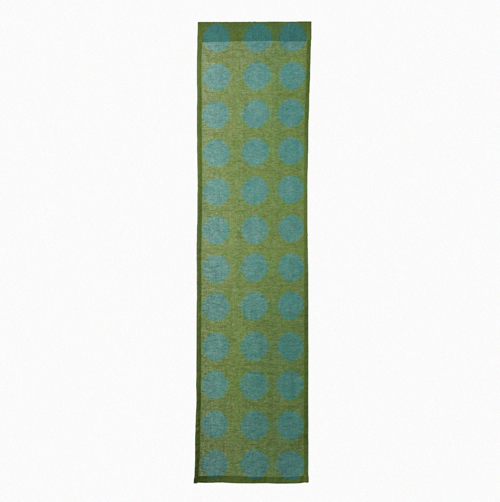 Hand dyed linen noren curtain in blue and green, proportions and panel details