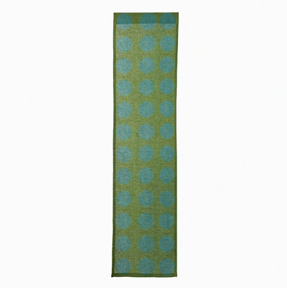 Hand dyed linen noren curtain in blue and green, proportions and panel details