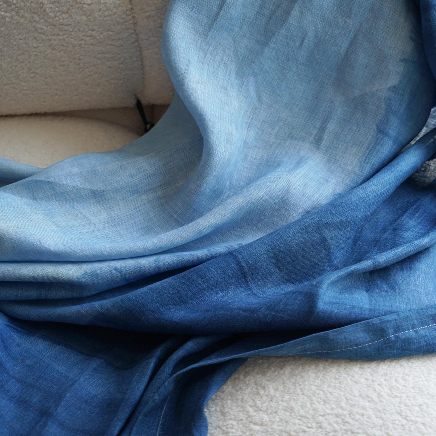 close-up of Linen Panel — Soft Blue showing the natural weave and gradient dye