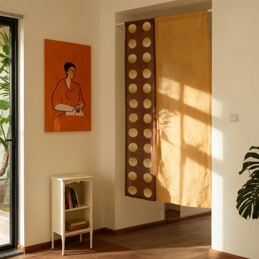 Hand dyed linen noren curtain 'Ochre / Brown' — playful polka dot Japanese doorway curtain.