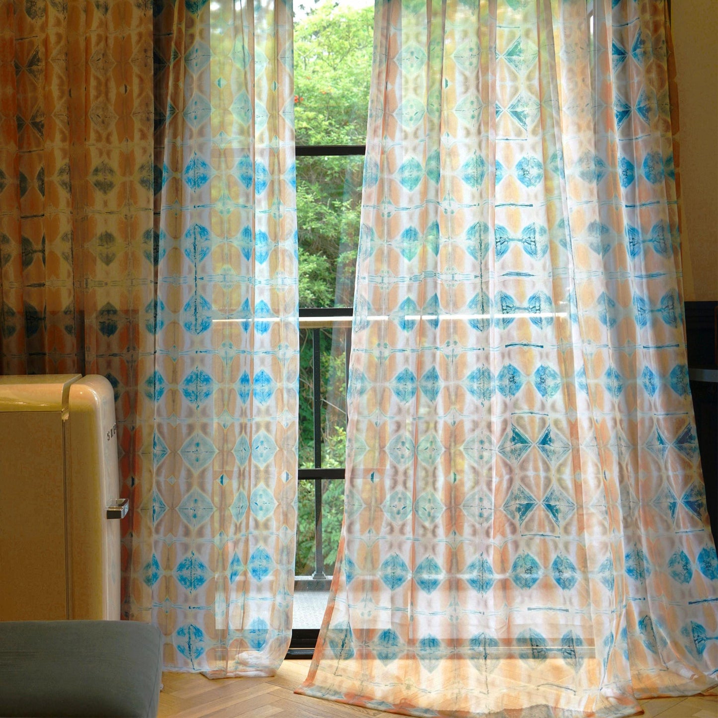Pattern Drapery — Soft Beige dressing tall windows in a styled living room