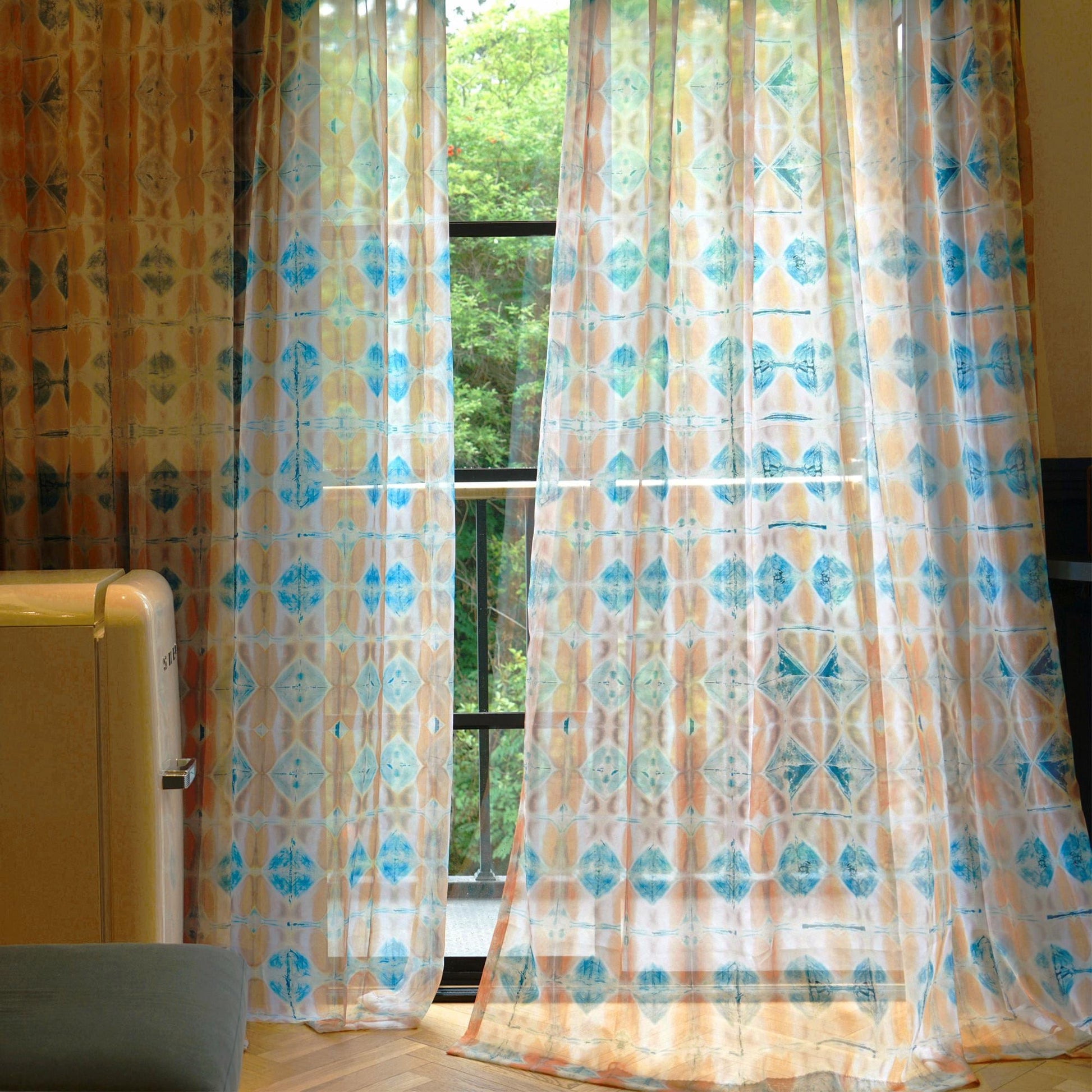 Pattern Drapery — Soft Beige dressing tall windows in a styled living room