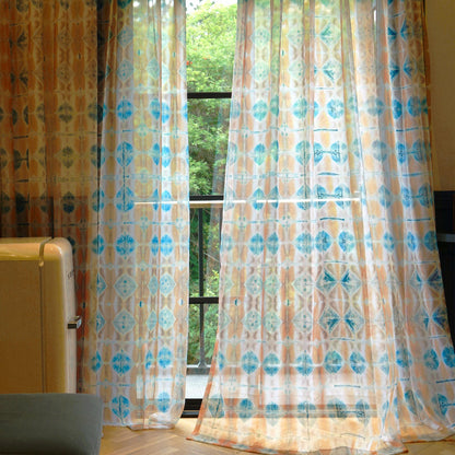 Pattern Drapery — Soft Beige dressing tall windows in a styled living room