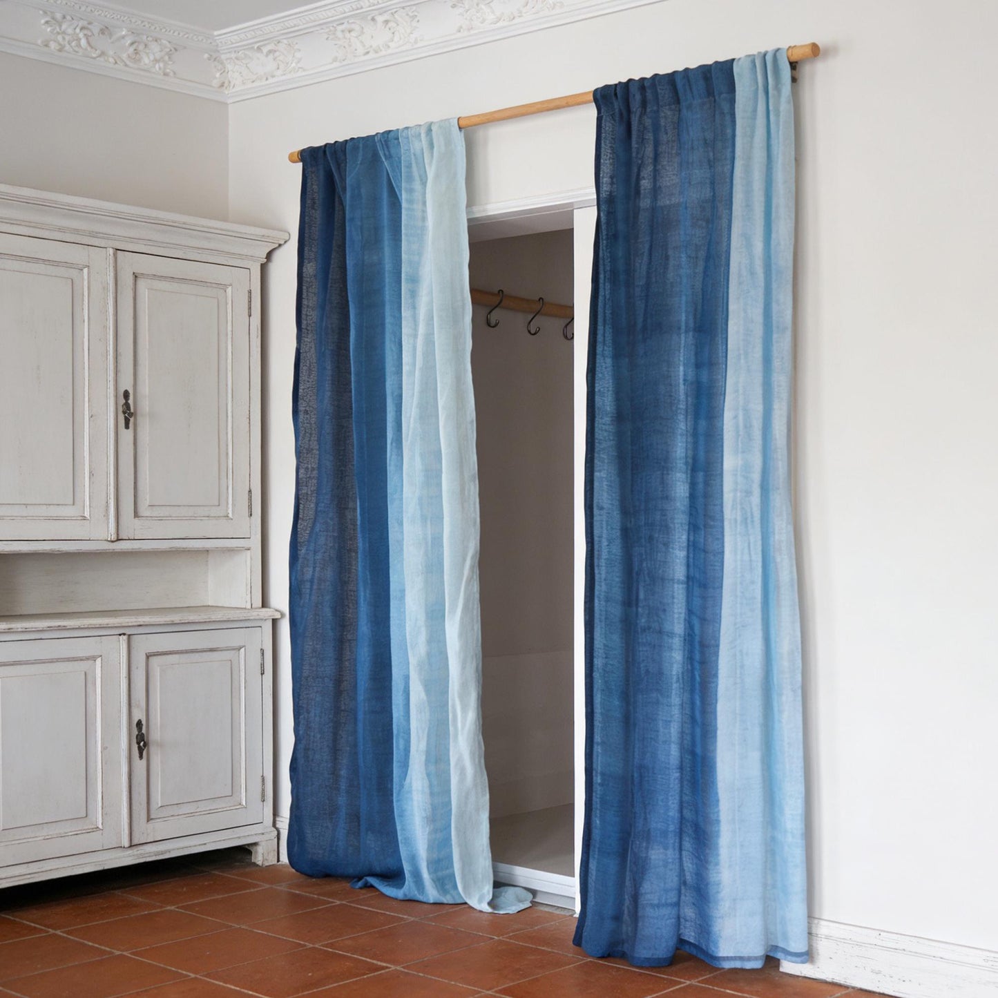 Linen curtain panel 'Soft Blue' — handmade plant-dyed linen for doorway or room divider.