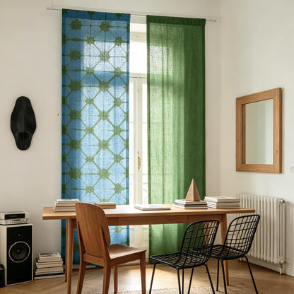 styled room scene with Motif Linen Noren — Plaid used as a window or doorway curtain