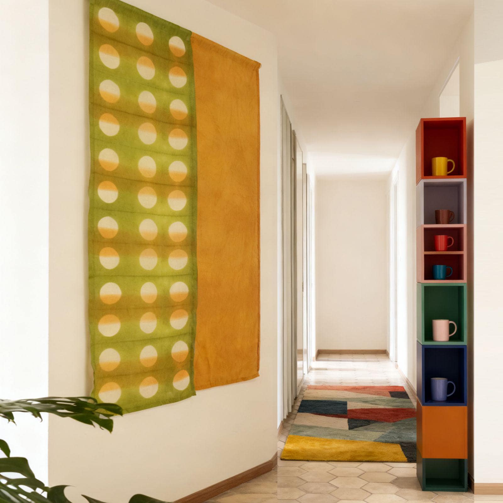 styled room scene with Polka Dot Linen Noren — Golden / Green used as a window or doorway curtain