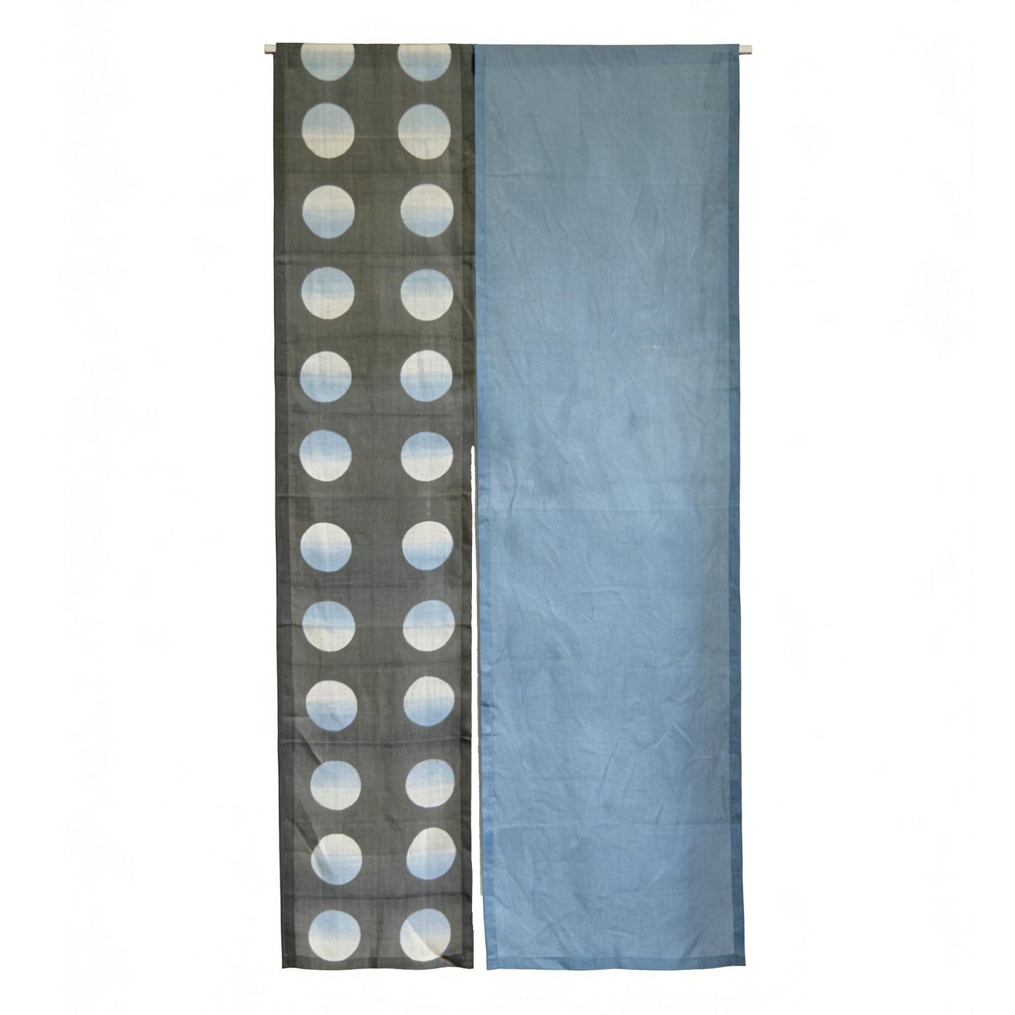 detail view of Polka Dot Linen Noren — Grey / Blue showing plant-dyed linen texture and pattern