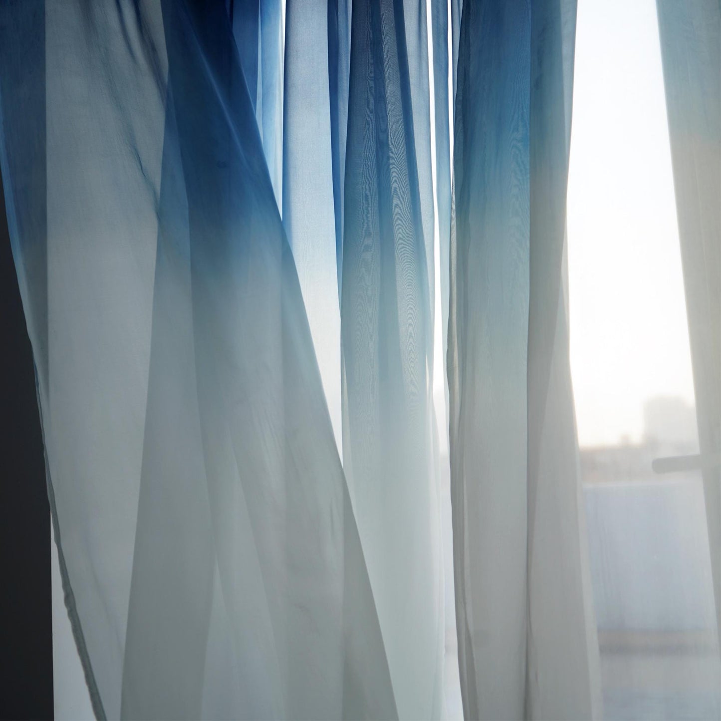 detail view of Sheer Curtain — Indigo Flow showing natural ramie texture and color