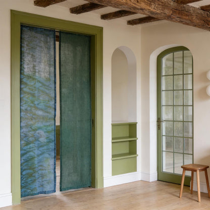 detail view of Motif Linen Noren — Wave showing plant-dyed linen texture and pattern