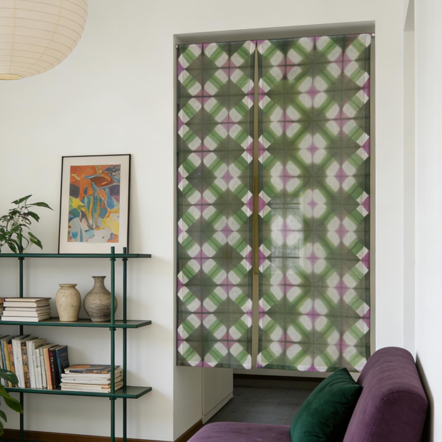 detail view of Motif Linen Noren — Green Flower showing plant-dyed linen texture and pattern