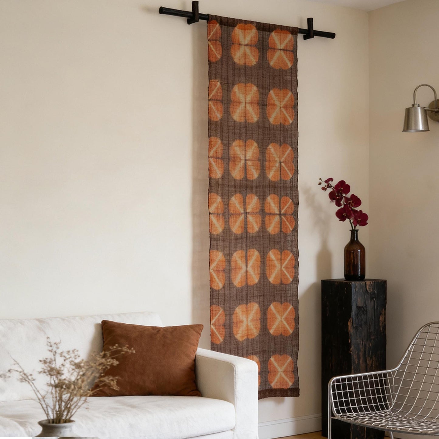 Ramie Cloth — Earth Grid displayed as a room divider or wall hanging