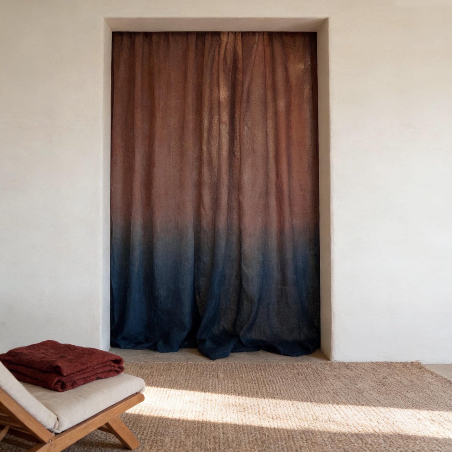 detail view of Linen Panel — Crimson Blue showing plant-dyed fabric texture and pattern