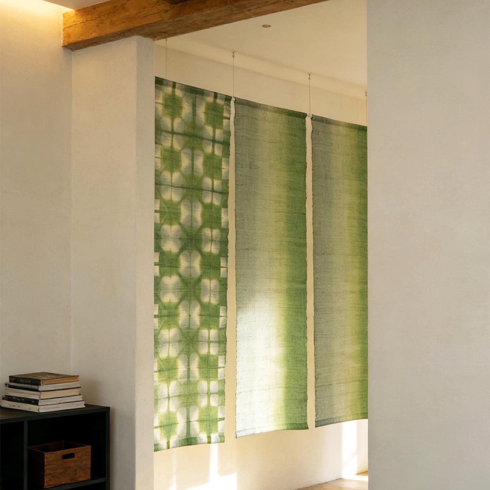 styled interior scene with Ramie Cloth — Moss Light used as a curtain or screen