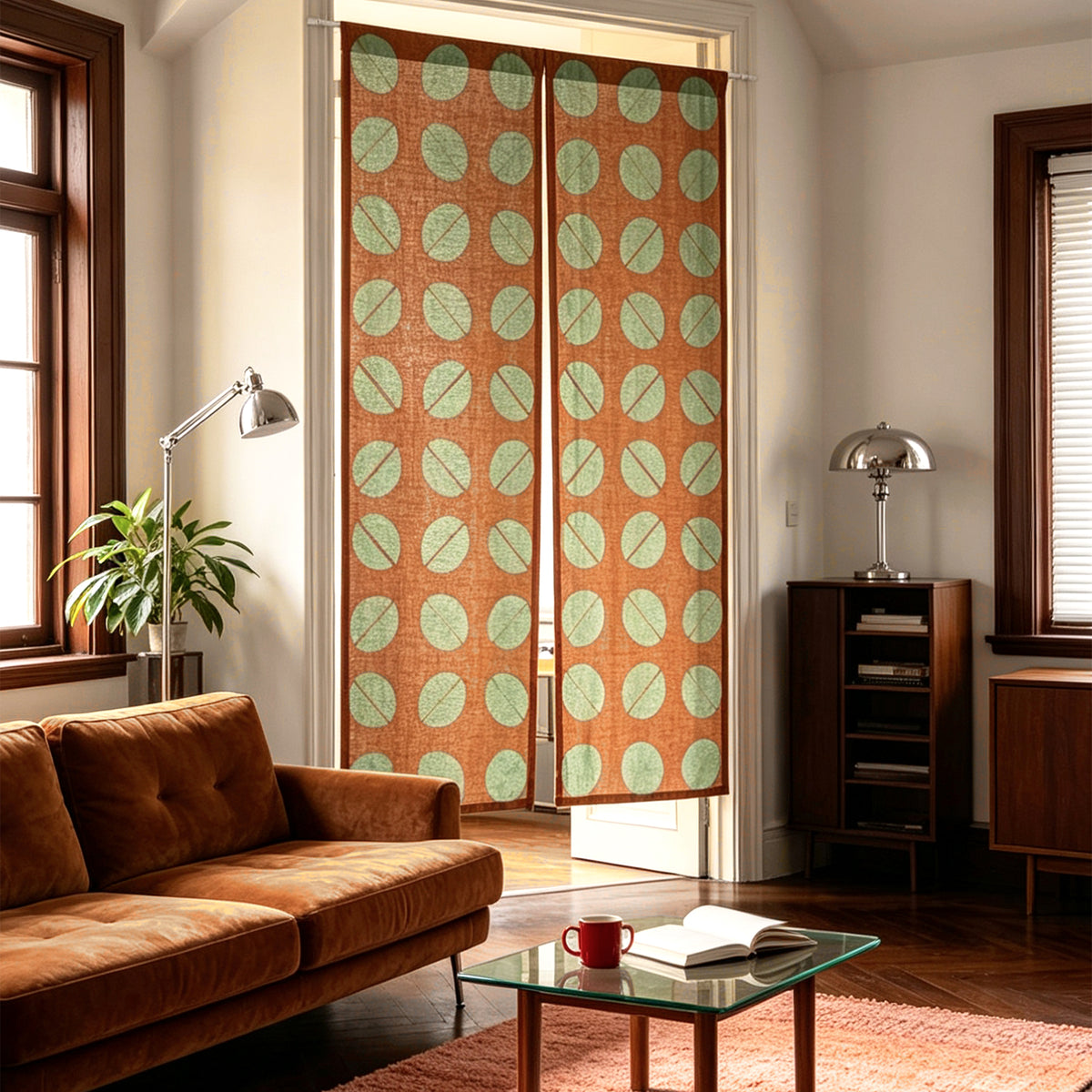 alternate angle of Motif Linen Noren — Coffee Beans hanging as a two-panel doorway curtain