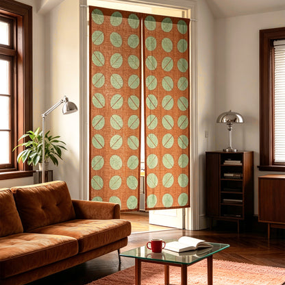 alternate angle of Motif Linen Noren — Coffee Beans hanging as a two-panel doorway curtain