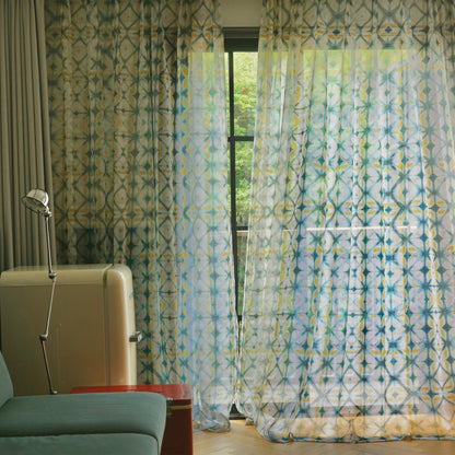 Pattern Drapery — Moss Yellow shown in a bedroom interior with soft natural light