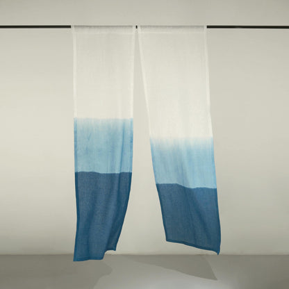 detail view of Soft Tone Noren — Mist Blue showing plant-dyed linen texture and pattern