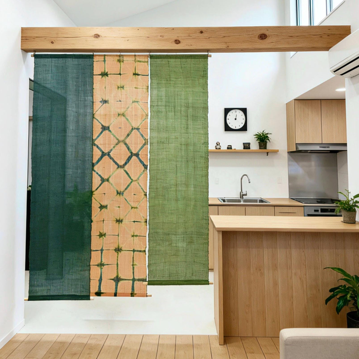 Ramie cloth panel 'Teal Beige' — handmade plant-dyed ramie for room divider or curtain.