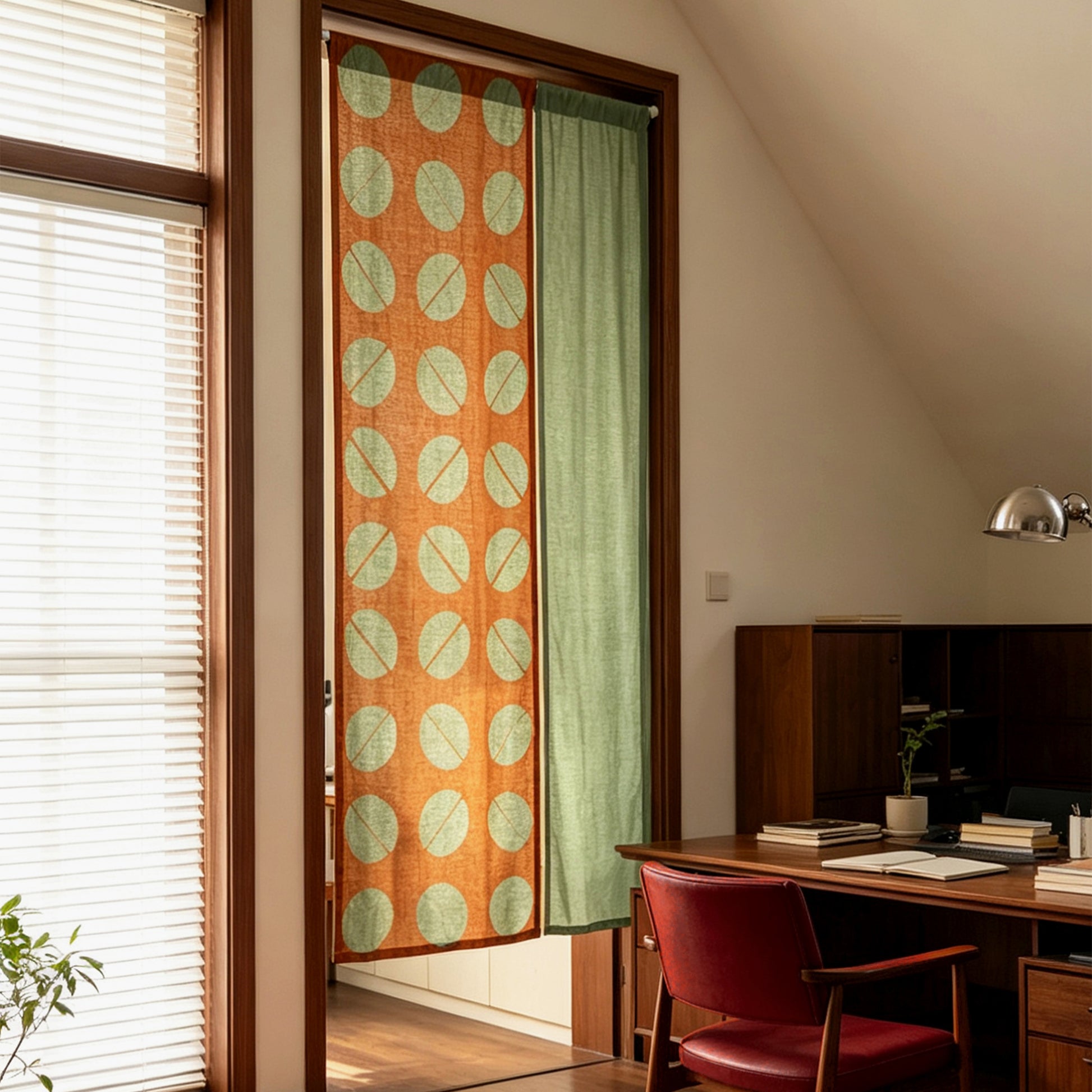 styled room scene with Motif Linen Noren — Coffee Beans used as a window or doorway curtain